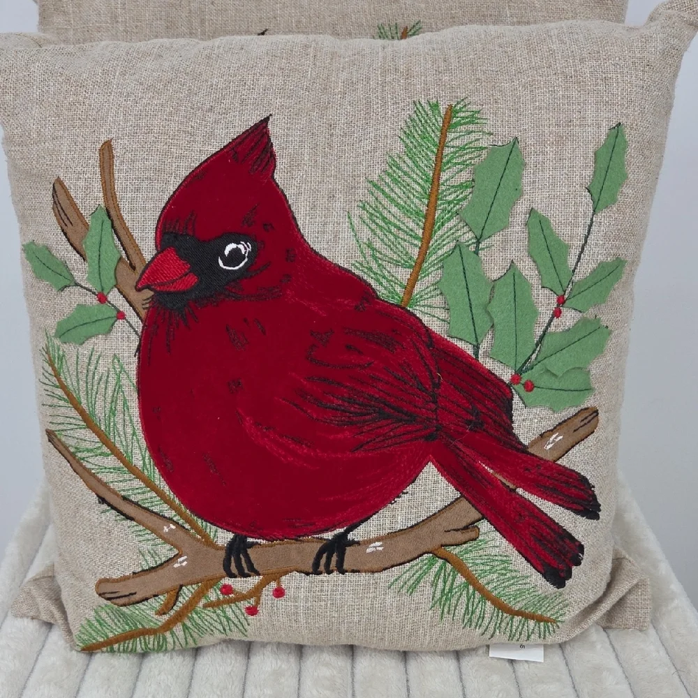 2 St. Nicholas Square Red Cardinal Embroidered Holiday Pillow W/Green Accents